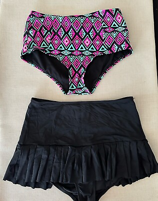 #ad Lot Of 2 Women’s Medium Swim Suit Bottoms Solid Black amp; Multicolor Geometric