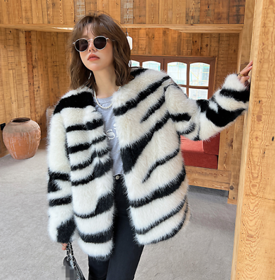 #ad Winter Fashion Faux Fox Fur Coat Women Furry Short Outwear Zebra Pattern Jacket