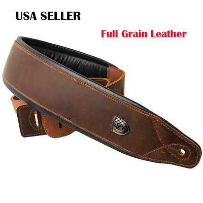 #ad Padded Genuine Leather Brown Guitar Bass Belt Strap 3.25quot; Wide 43quot; to 55quot; L