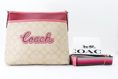 #ad Coach Signature Crossbody Bag Leather Khaki Pink Multi Authentic #CO003
