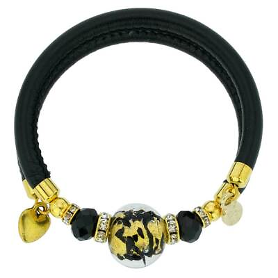 #ad GlassOfVenice Dorato Murano Glass Leather Bracelet Black