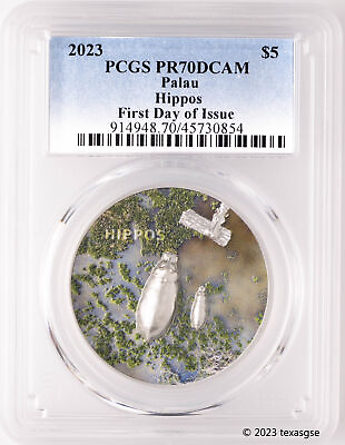 #ad 2023 Palau 1 oz Silver $5 Split Views Hippos First Day Issue PCGS PR70DCAM