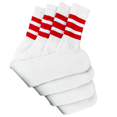 #ad 4 Pairs White Tube Socks with Red Stripe Cotton 24quot; Inches Long