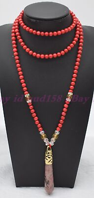 #ad Charming Natural 6mm Red Coral Round Gemstone Hexagon Pendant Necklace 16 50quot;AAA