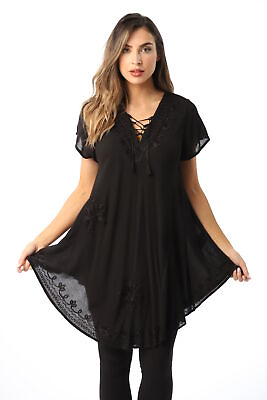 #ad Riviera Sun Lace Up Casual Tunic Top with Embroidery