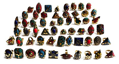 #ad Tibetan Rings Gold Plated Adjustable Mix Gemstone Ethnic Jewellery Wholesale Lot