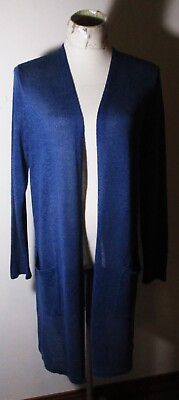 #ad Women#x27;s J. JILL Blue Linen Long Sleeve Cardigan Duster Sweater Size M