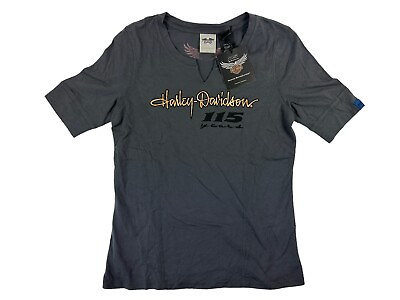 #ad Harley Womens Gray Short Sleeve Riding Shirt 115 Years Logo Wings Small NWT