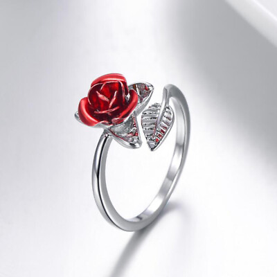 #ad Leaves Red Rose Flower Adjustable Rings Women Finger Rings Open Rings Jewelry