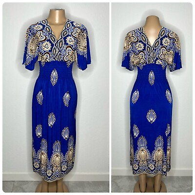 #ad NWT Blue Floral Size S M Women Elegant Dress V Neck Long Party Maxi Long Dress