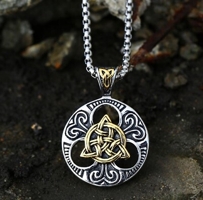 #ad Irish Celtic Triquetra Trinity Knot Rune Gold Pendant Necklace Steel Chain $10.98