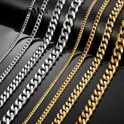#ad 3 5 7 9 11mm Stainless Steel Silver Gold Plated Mens Cuban Curb Necklace Chain