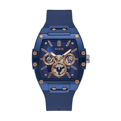 #ad Guess Men#x27;s Phoenix 43mm Blue Dial Silicone Quartz Watch GW0203G7 NEW