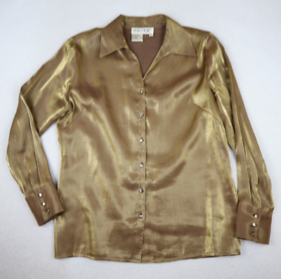 #ad VINTAGE WOMEN#x27;S GOLD SHIMMER IRRIDESCENT LONG SLEEVE BUTTON UP BLOUSE SIZE M $17.49