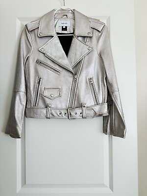 #ad CURRENT ELLIOTT The Shaina Metallic Silver Leather Biker Jacket Size 1 S