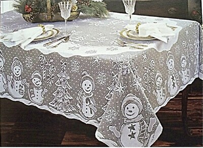 #ad Lace Tablecloth Christmas Ivory Snowman design 60 x 104