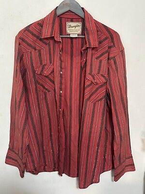 #ad WRANGLER Western Fashion Long Sleeve Pearl Snap Cowboy Shirt Men’s Size XL Red