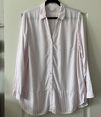 #ad J Jill Pink Striped Collared Long Sleeves Button Down Tunic Blouse Sz Large