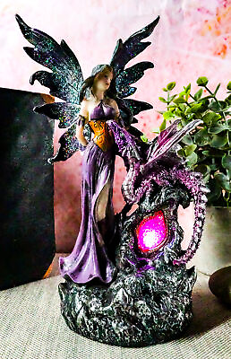 #ad Purple Fairy With Dragon Sitting On LED Crystal Geode Night Light Statue Decor