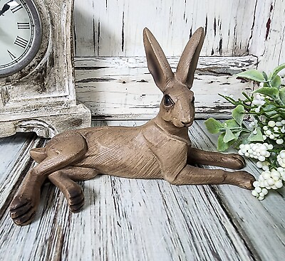 #ad Brown Wood Look Resting Rabbit Figurine Rustic Summer vintage Style Decor