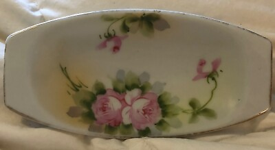 #ad Vintage Nippon Porcelain Trinket Tray Pink Green Flowers Gold Trim Hand Painted