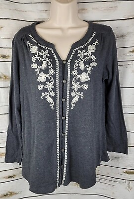 #ad J Jill Heather Gray Embroidered Top Knit PM M Button Front Long Sleeve
