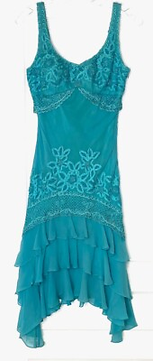 #ad Sue Wong Turquoise Silk Tiered Ruffle Soutache Crochet Midi Dress 8 Padded Cups