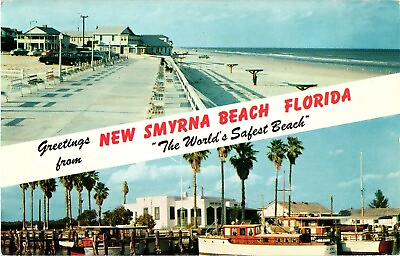 #ad Greetings Banner New Smyrna Beach Florida Postcard Vintage 1950s Retro Boats