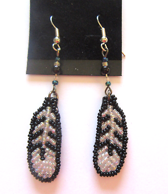 #ad Fashion Seed Bead Earrings FEATHER black white french wire