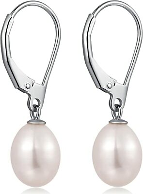 #ad 925 Sterling Silver Drop Hook Lever Back Freshwater Pearls Earrings 8MM