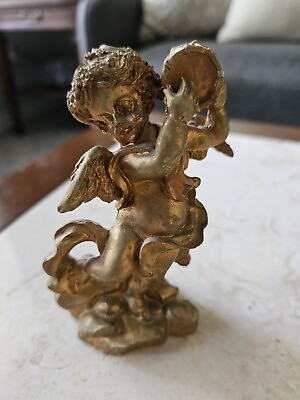 #ad Small Resin Painted Gold Angel Figure Cherub Angel Playing Drum Hollywood Reg