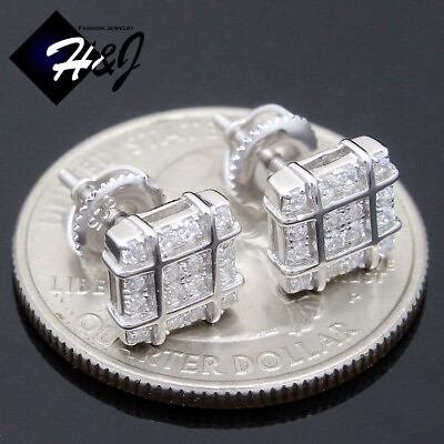 #ad MEN WOMEN SOLID 925 STERLING SILVER ICY BLING CZ 7MM 3D SQUARE STUD EARRING*E242