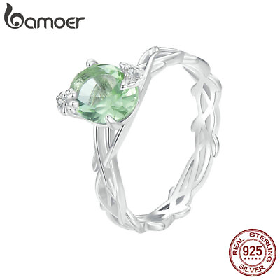 #ad BAMOER 925 Sterling Silver Green Spinel Vine Wedding Party Ring Women Gift