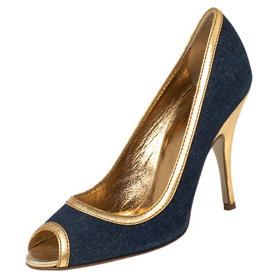 #ad Dolce amp; Gabbana Blue Gold Denim and Leather Peep Toe Pumps Size 39
