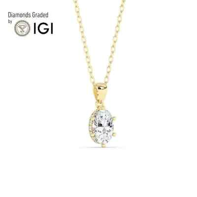 #ad IGI 1.20CT Solitaire Lab Grown Hidden Halo Oval Diamond Pendant 14K Yellow Gold