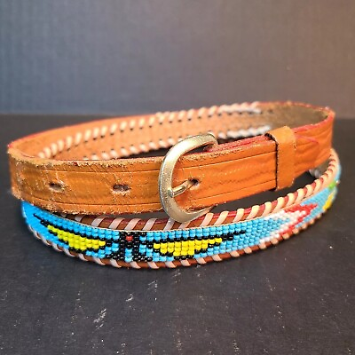 #ad Vintage Beaded Leather Native American Western Belt 32 Thunderbird Indian