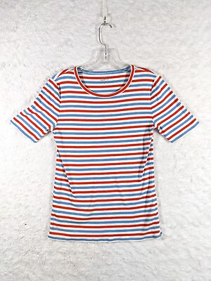 #ad J CREW Womens Size M Perfect Fit Striped Red White Blue Cotton Tee Shirt G1445