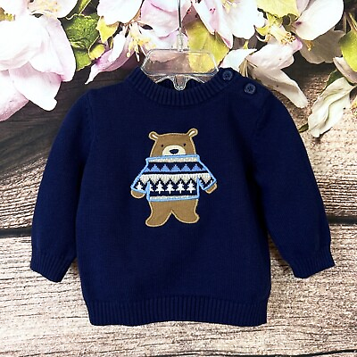 #ad Toddler Boys Cotton Blue Fair Isle Bear Embroidered Knit Sweater