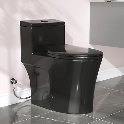 #ad One Piece Black Toilet Dual Flush 0.8 1.28 GPFamp;MAP 1000g W Chair Seat 17.3quot;