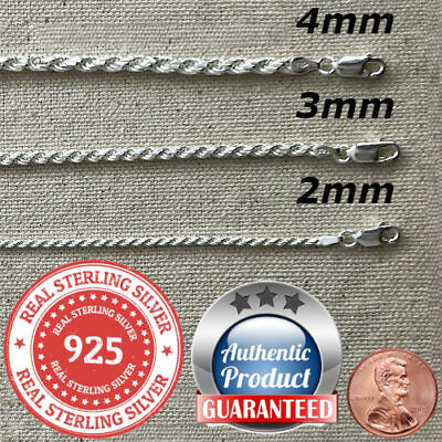 #ad 925 Sterling Silver real Italian Silver solid Rope Chain Mens womans Necklace