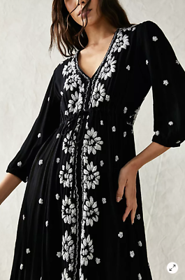 #ad Free People Embroidered Fable Midi Dress Boho 3 4 Sleeve Deep V Neck Black XS