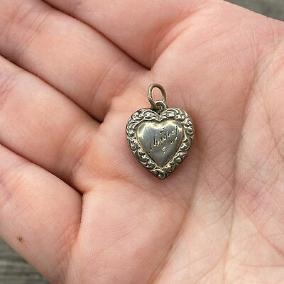 #ad Vintage 925 Sterling Silver quot;Maryquot; Repousse Edge Puffy Heart Bracelet Charm