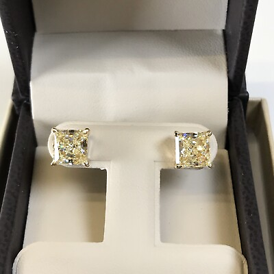 #ad 5 Ct Princess Diamond Stud Earrings Fancy Canary Yellow Man Made 14k Solid Gold