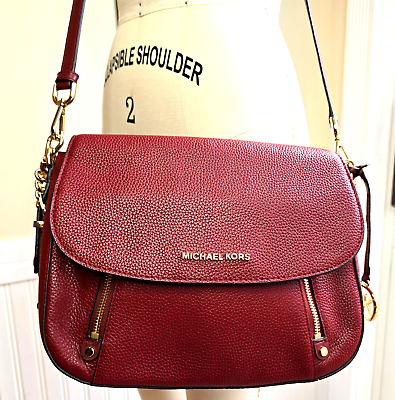 #ad New $298 Michael Kors Bedford Legacy Leather Flap Shoulder Bag Burgundy Red Gold