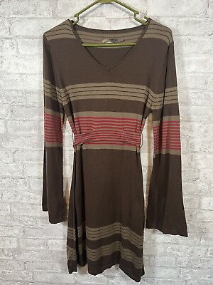#ad PrAna Sydney Dress Brown amp; Pink Striped Sweater Dress For Fall Bell Sleeves Sz L