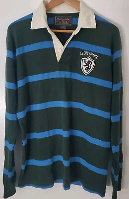 #ad ABERCROMBIE amp; FITCH Shirt S Rugby Polo Long Sleeve Green Blue 90s Y2K Crest USA