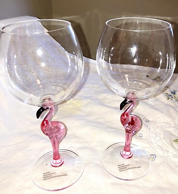 #ad PINK FLAMINGO plastic WINE GLASSES Set Of 2 PLASTIC