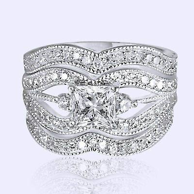 #ad Engagement Wedding Ring Bridal Band Set Princess Simulated Diamond 925 Silver