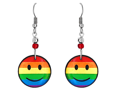 #ad Rainbow Striped Smiley Face Earrings Handmade Unisex Jewelry Pride Accessories