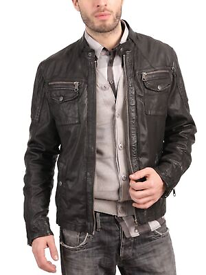 #ad New Leather Jacket Mens Biker Motorcycle Real Leather Coat Slim Fit Black #1042